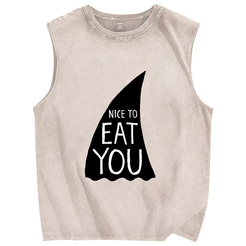 Nice To Eat You Shark Vintage Distressed Washed Tank Top