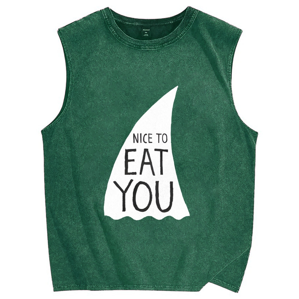 Nice To Eat You Shark Vintage Distressed Washed Tank Top