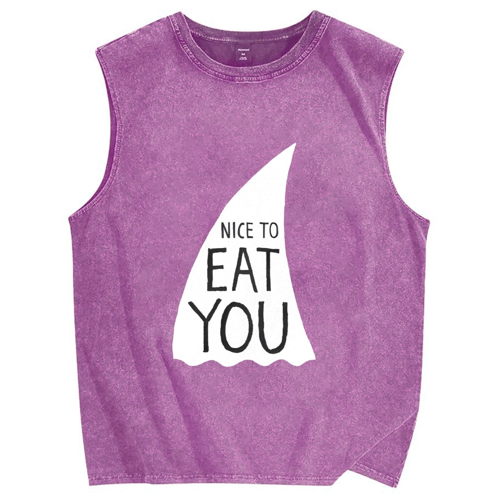 Nice To Eat You Shark Vintage Distressed Washed Tank Top