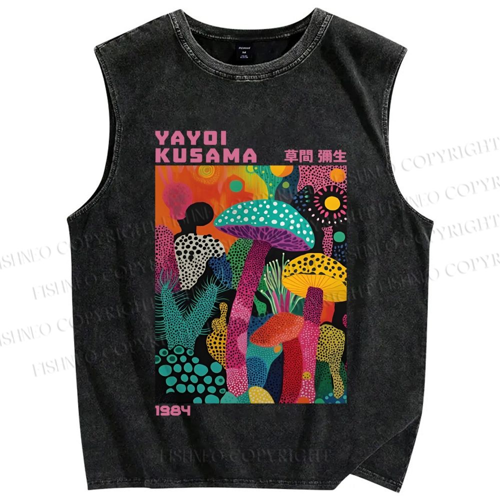 Unisex Yayoi Kusama Multicolor Mushroom Printed Washed Tank Top