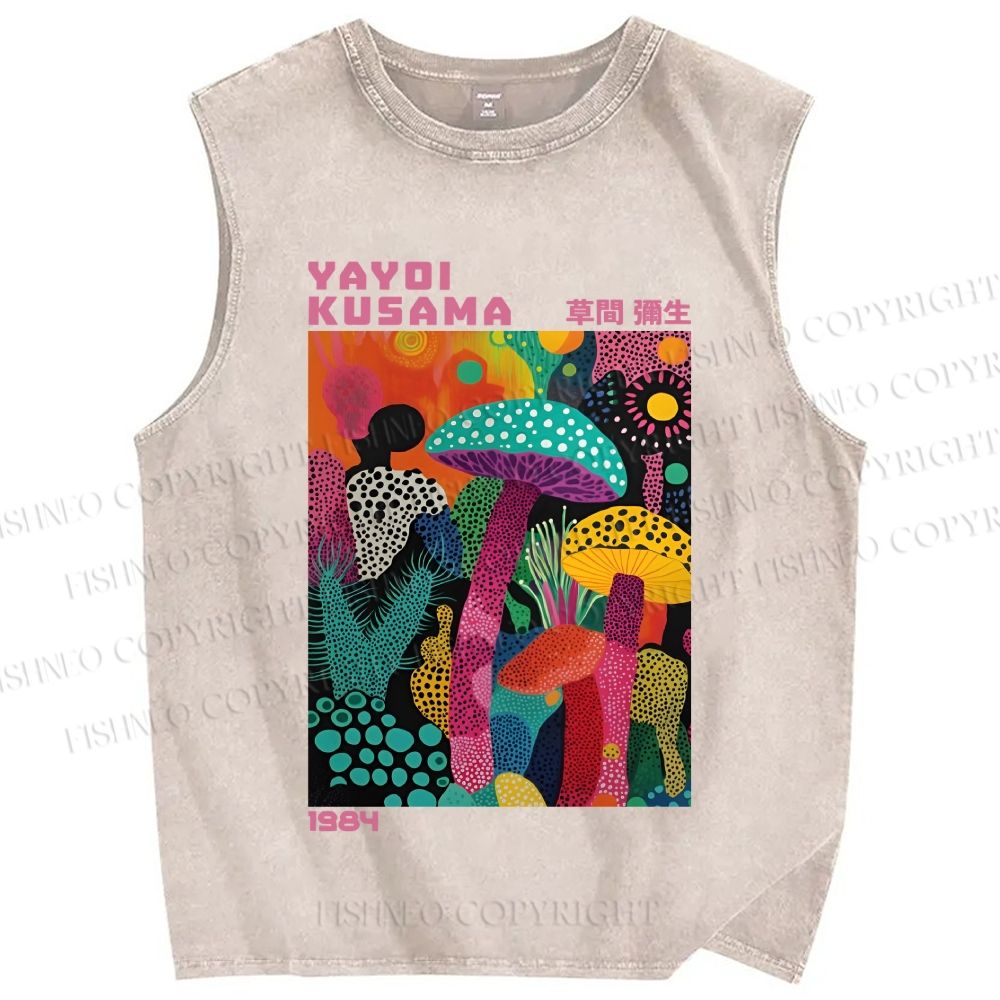 Unisex Yayoi Kusama Multicolor Mushroom Printed Washed Tank Top
