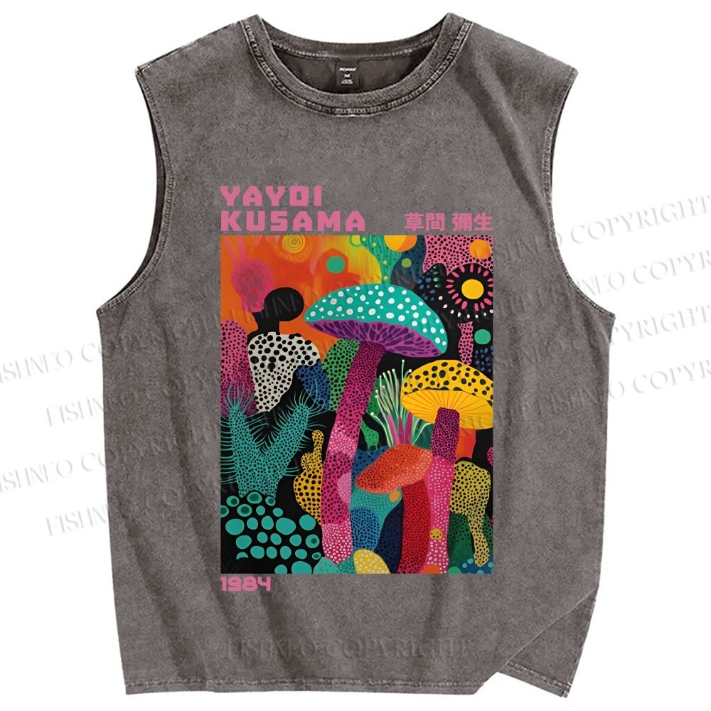 Unisex Yayoi Kusama Multicolor Mushroom Printed Washed Tank Top