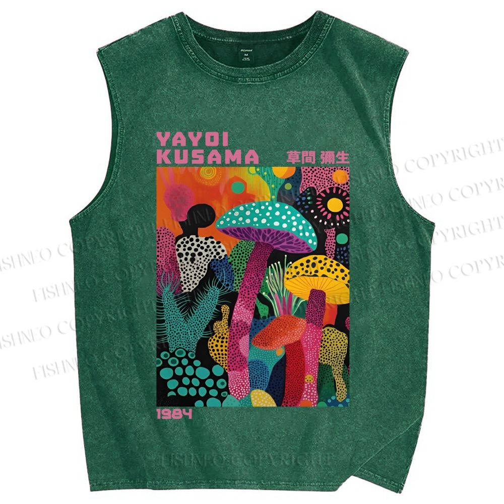 Unisex Yayoi Kusama Multicolor Mushroom Printed Washed Tank Top