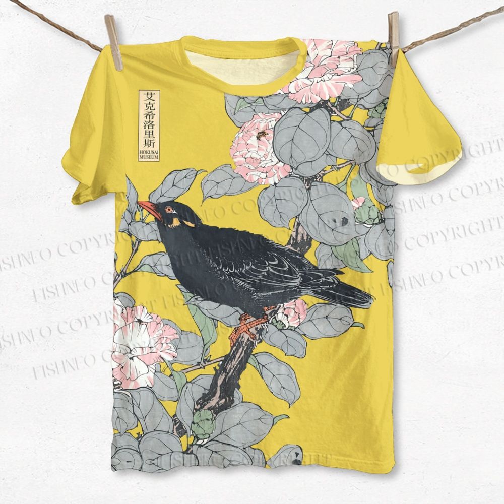 Unisex Vintage Bird in Flowers Printed Classic T-shirt