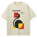 Unisex Bauhaus Geometric Cat Printed Washed Tee
