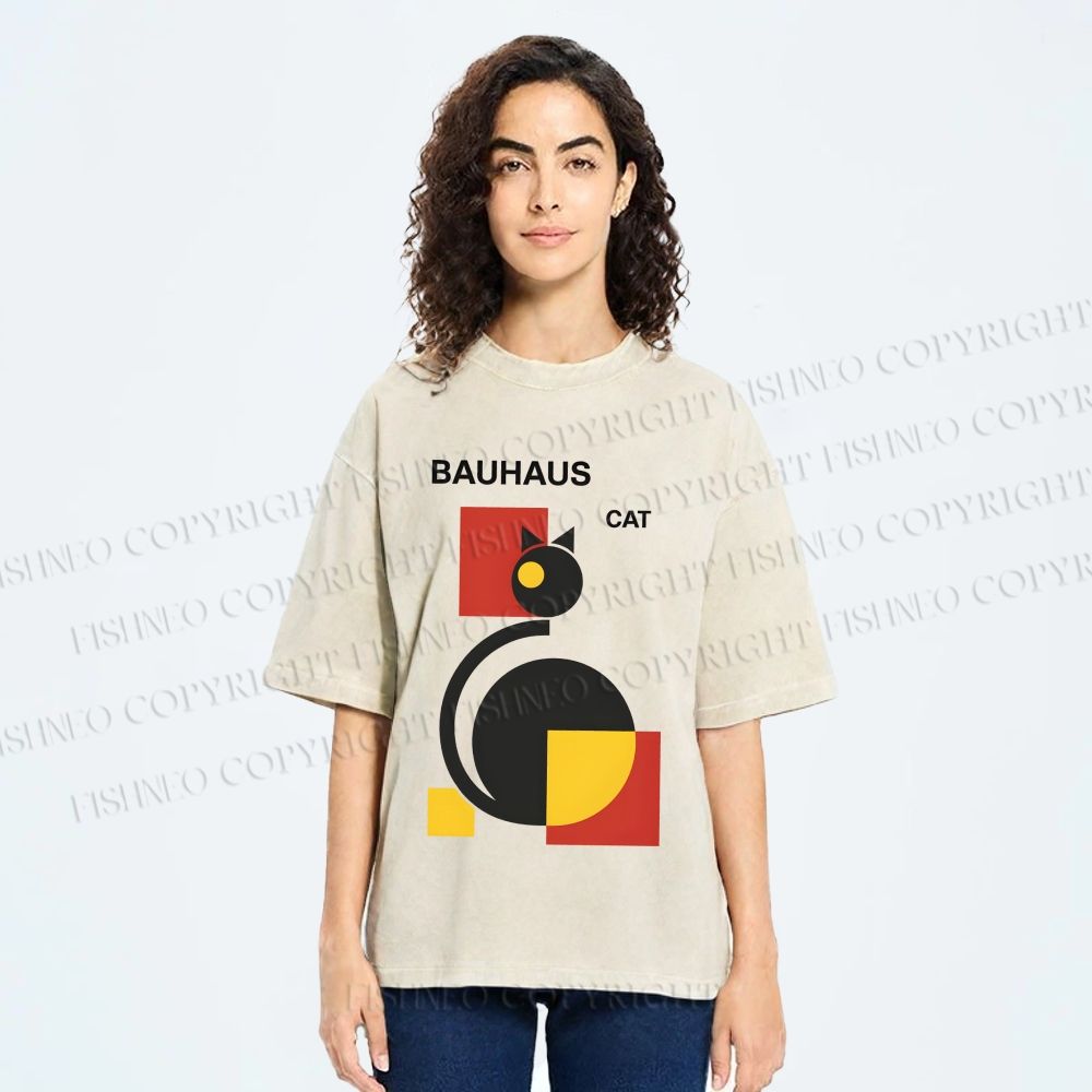 Unisex Bauhaus Geometric Cat Printed Washed Tee