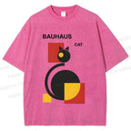 Unisex Bauhaus Geometric Cat Printed Washed Tee