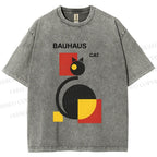 Unisex Bauhaus Geometric Cat Printed Washed Tee