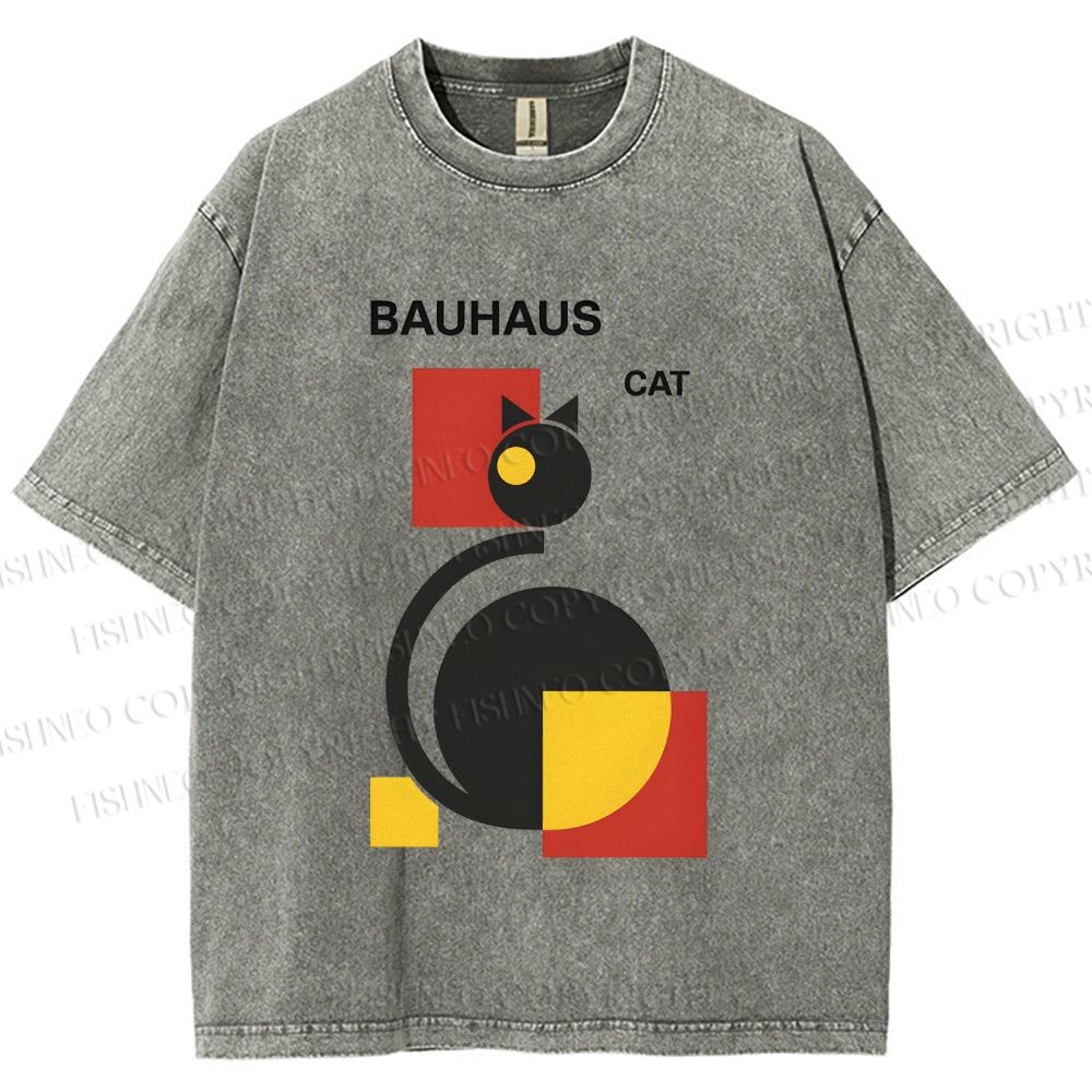 Unisex Bauhaus Geometric Cat Printed Washed Tee