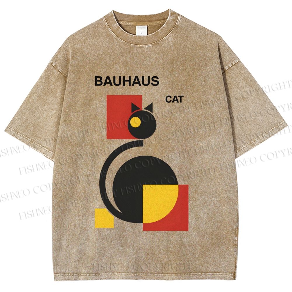 Unisex Bauhaus Geometric Cat Printed Washed Tee
