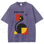 Unisex Bauhaus Geometric Cat Printed Washed Tee
