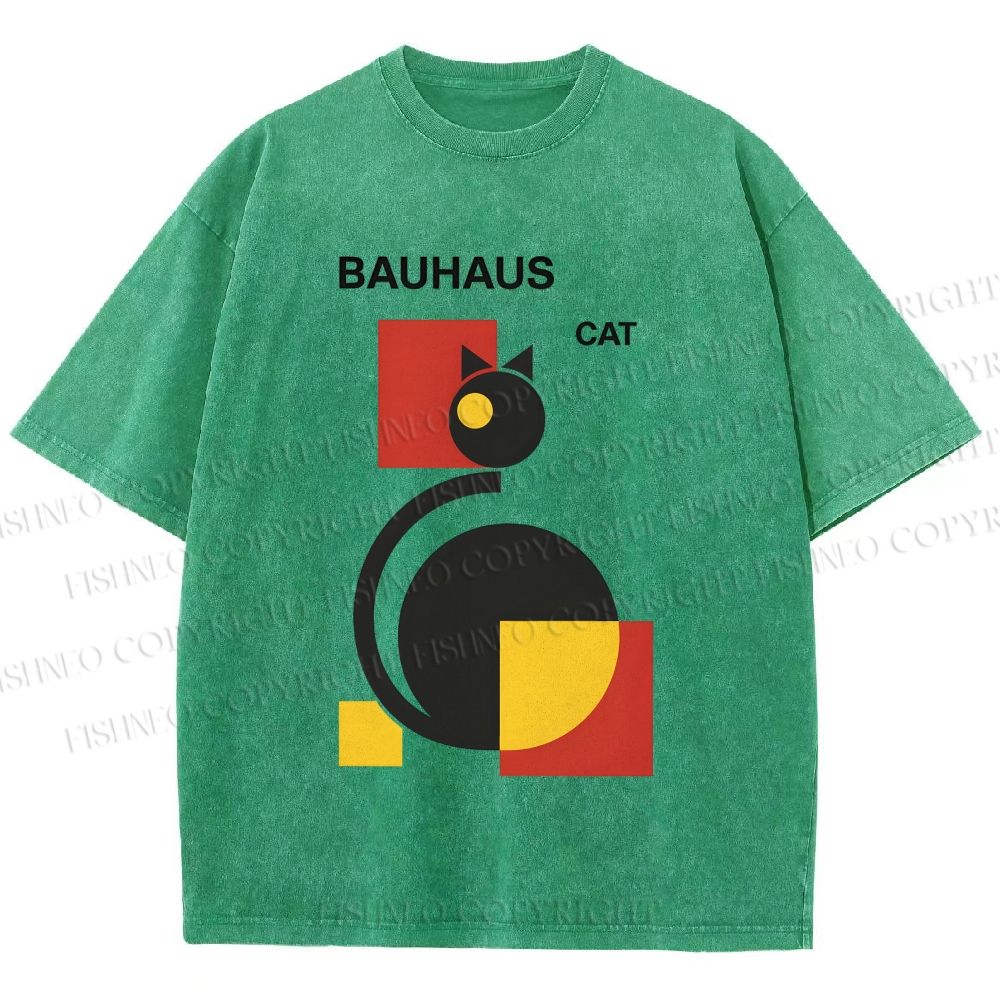 Unisex Bauhaus Geometric Cat Printed Washed Tee