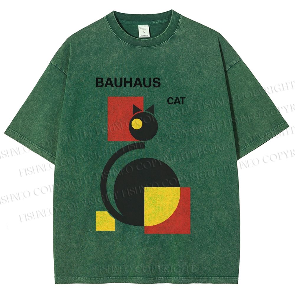 Unisex Bauhaus Geometric Cat Printed Washed Tee
