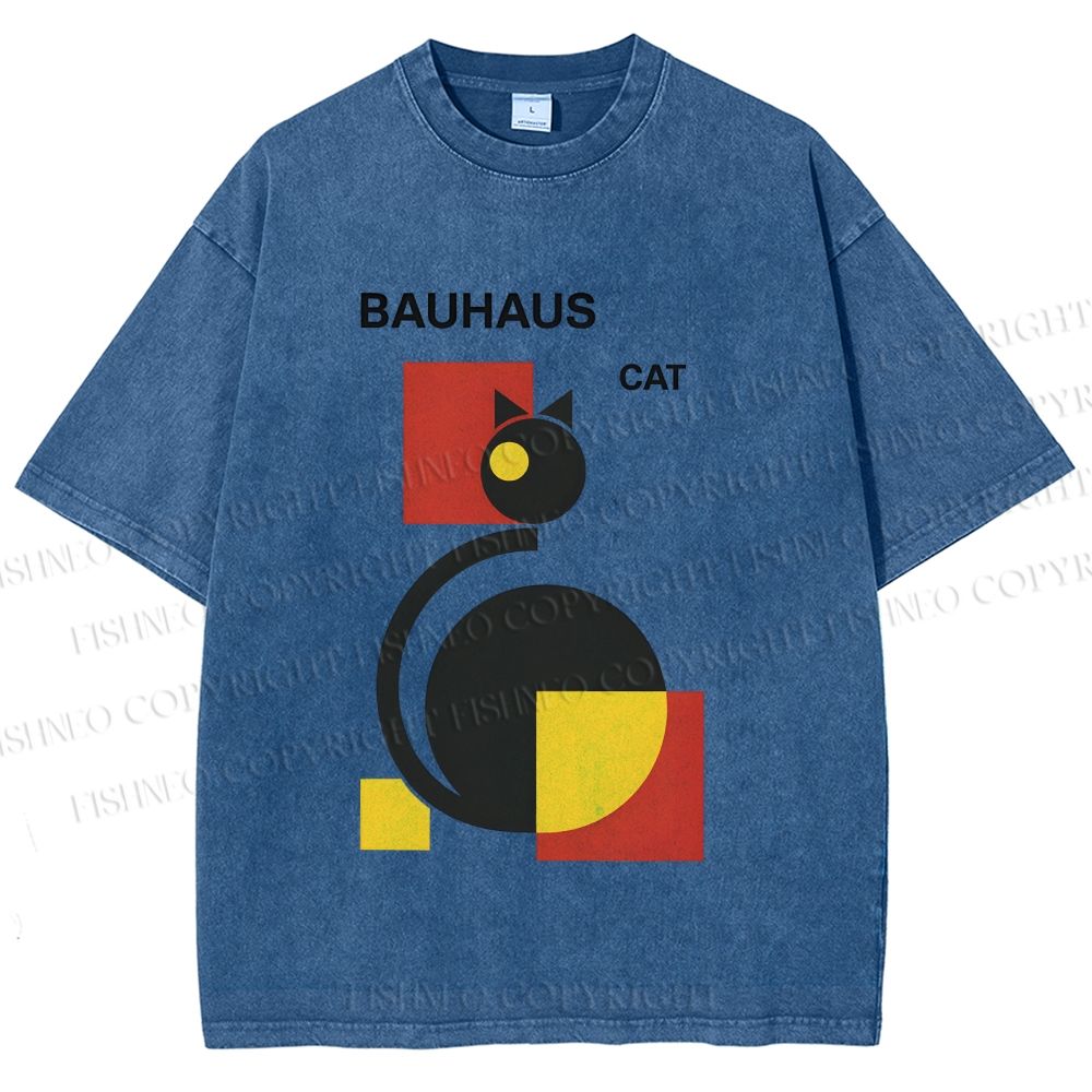 Unisex Bauhaus Geometric Cat Printed Washed Tee