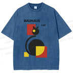 Unisex Bauhaus Geometric Cat Printed Washed Tee