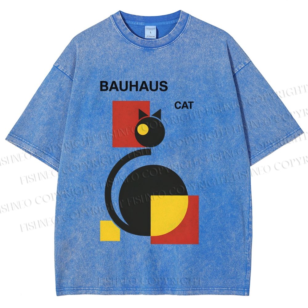 Unisex Bauhaus Geometric Cat Printed Washed Tee