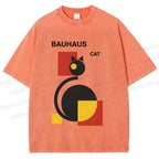 Unisex Bauhaus Geometric Cat Printed Washed Tee