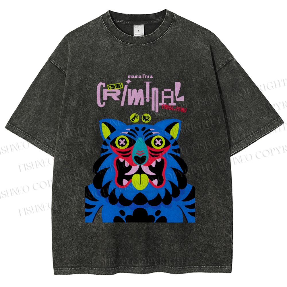 Unisex Criminal Blue Tiger Printed Washed Tee