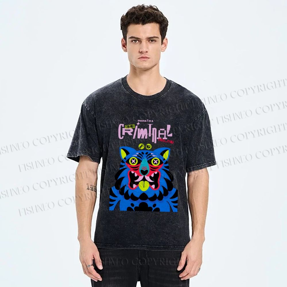 Unisex Criminal Blue Tiger Printed Washed Tee