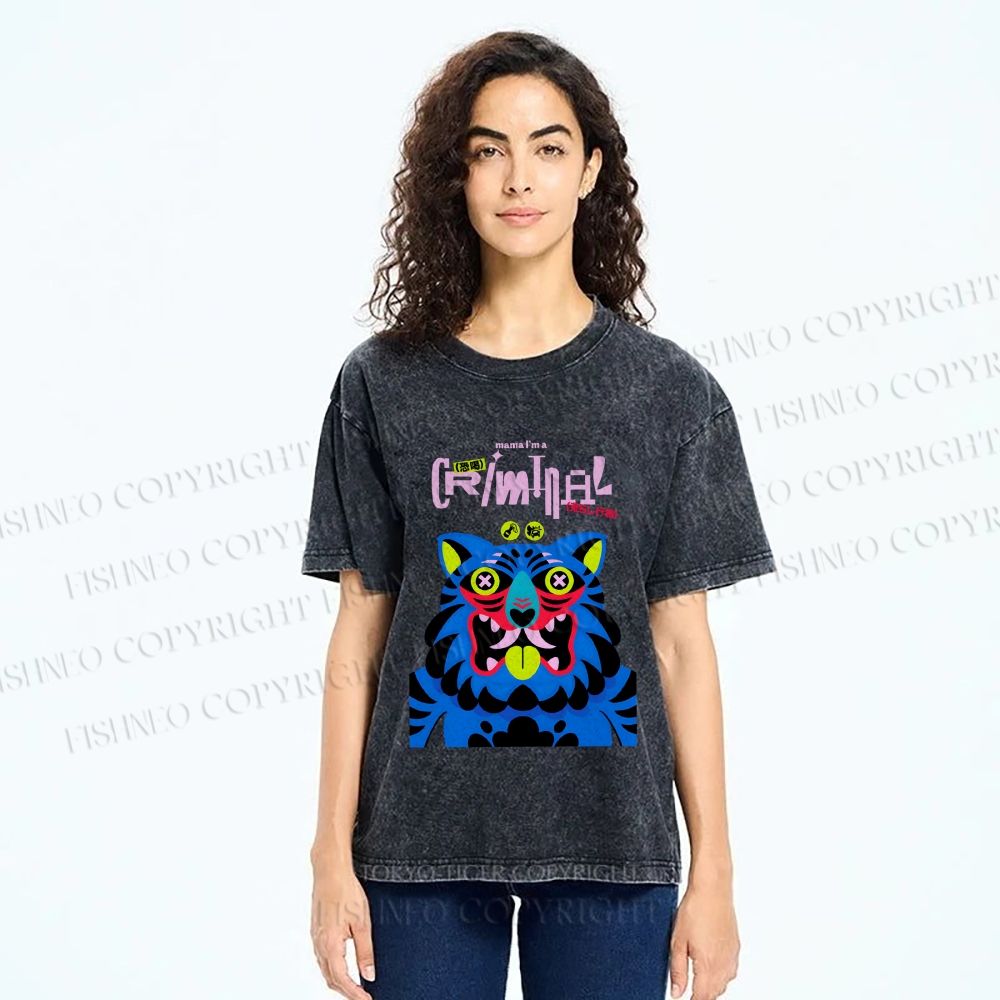 Unisex Criminal Blue Tiger Printed Washed Tee