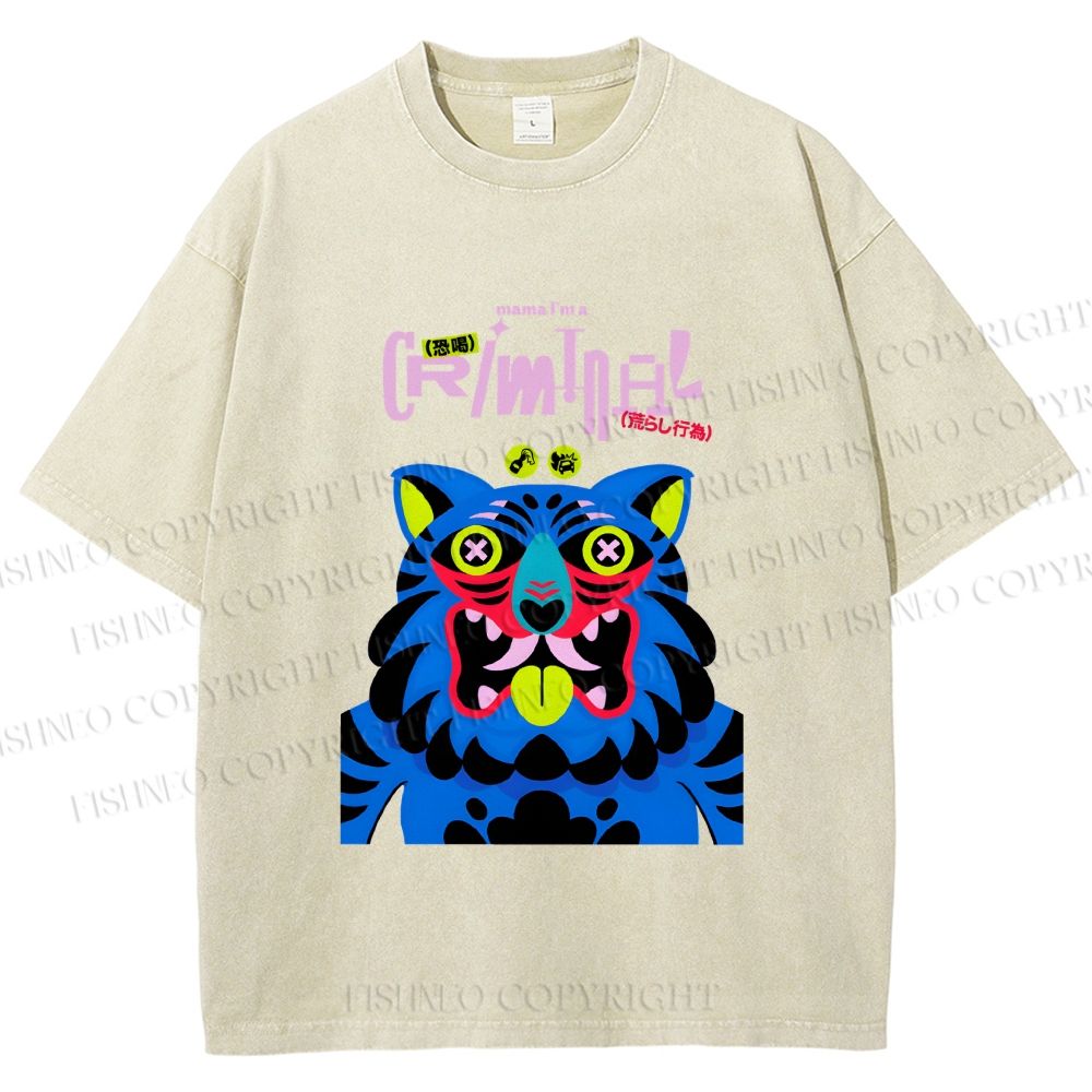 Unisex Criminal Blue Tiger Printed Washed Tee