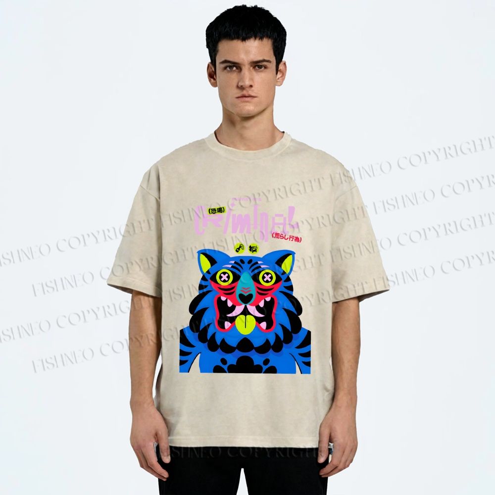 Unisex Criminal Blue Tiger Printed Washed Tee