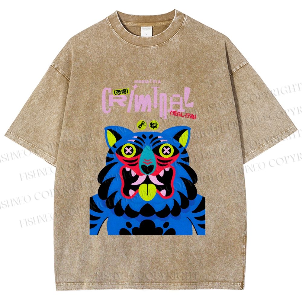 Unisex Criminal Blue Tiger Printed Washed Tee