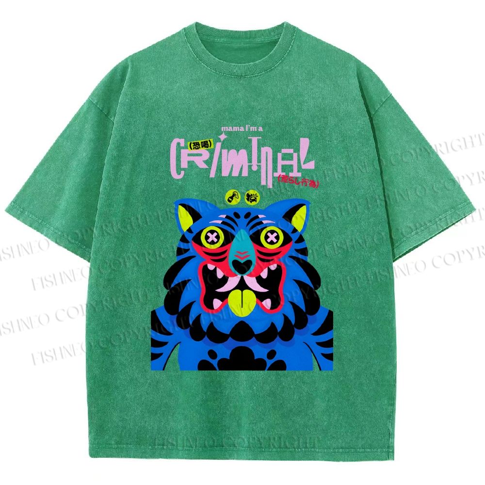 Unisex Criminal Blue Tiger Printed Washed Tee