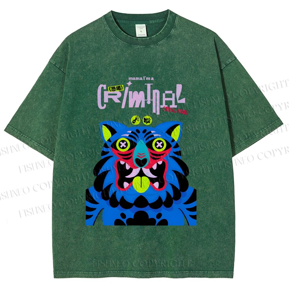 Unisex Criminal Blue Tiger Printed Washed Tee