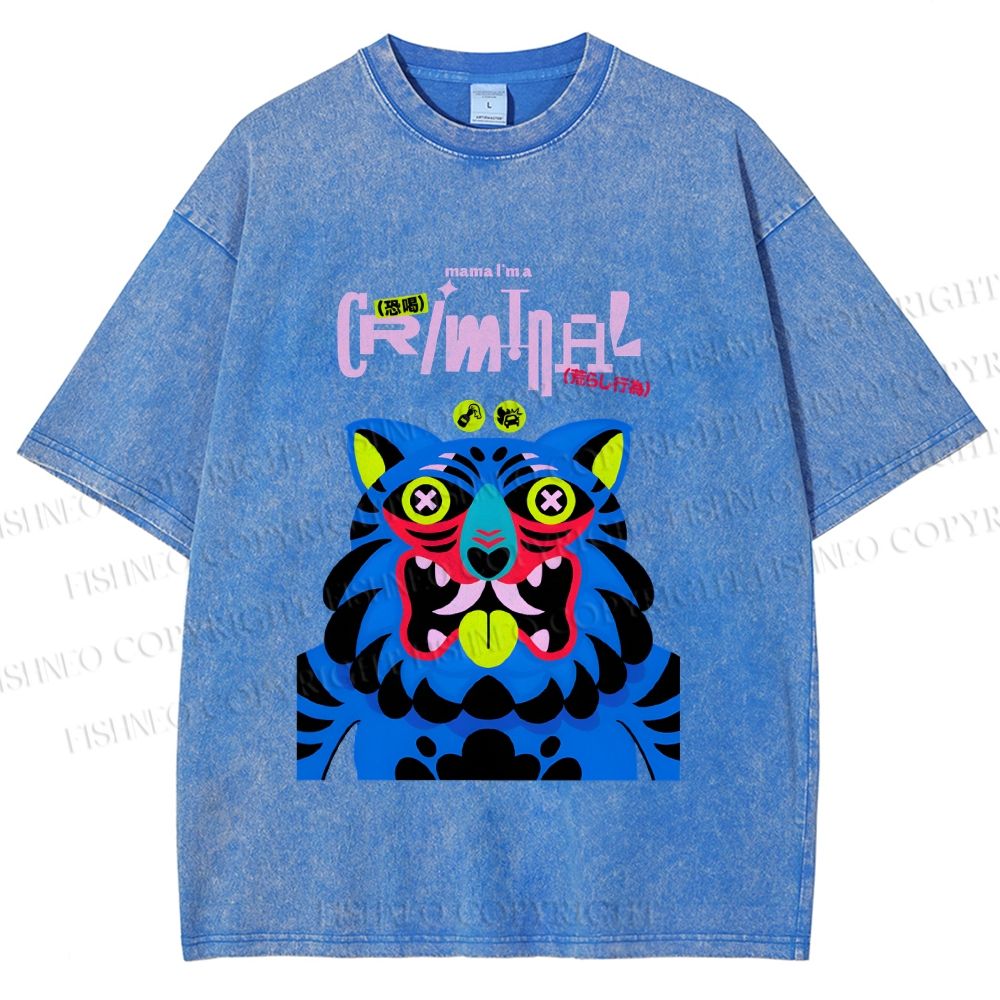 Unisex Criminal Blue Tiger Printed Washed Tee