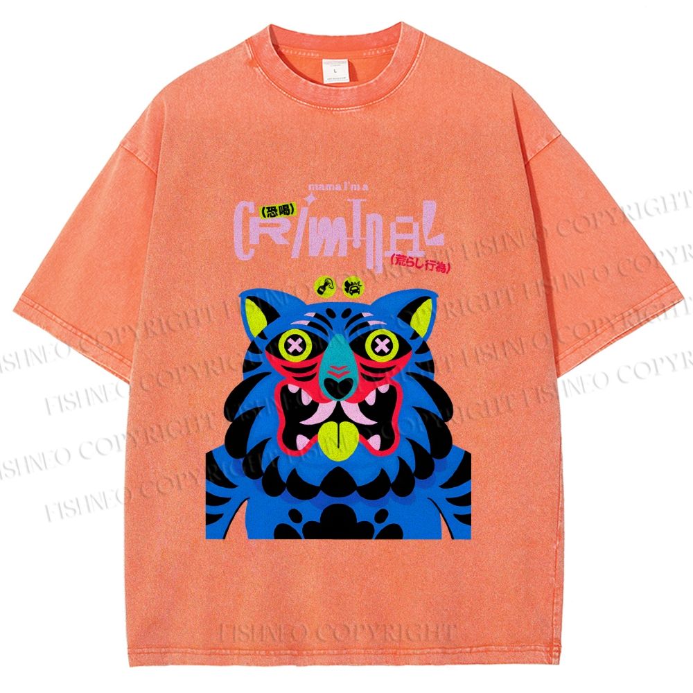 Unisex Criminal Blue Tiger Printed Washed Tee