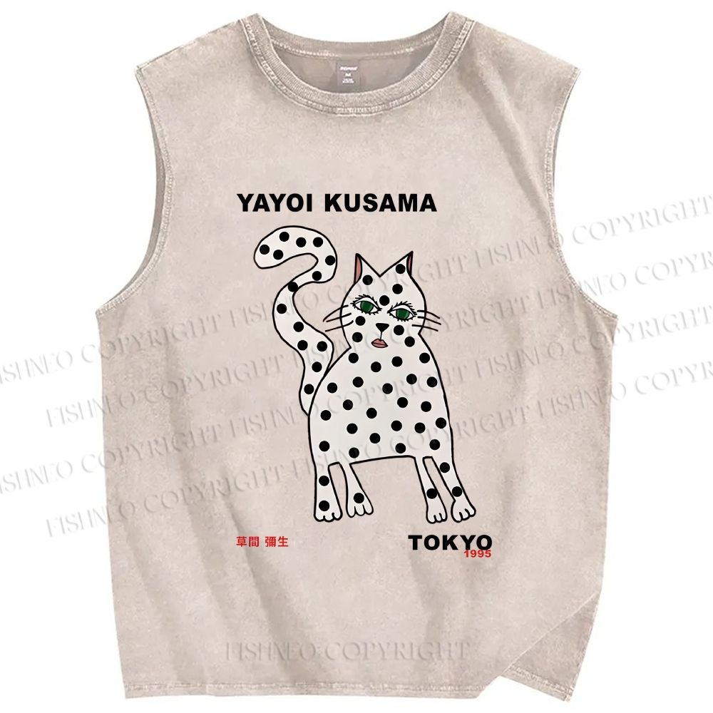 Unisex Yayoi Kusama Polka Dot Cat Printed Washed Tank Top