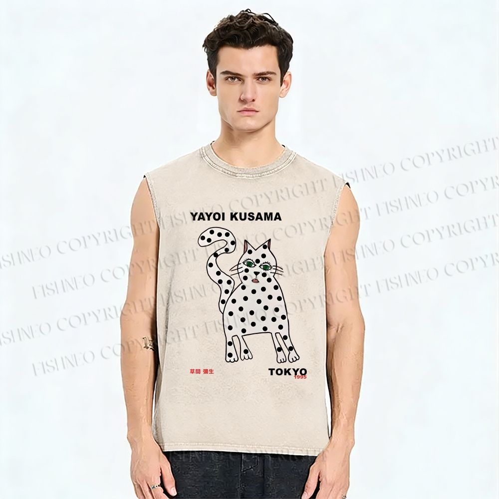 Unisex Yayoi Kusama Polka Dot Cat Printed Washed Tank Top