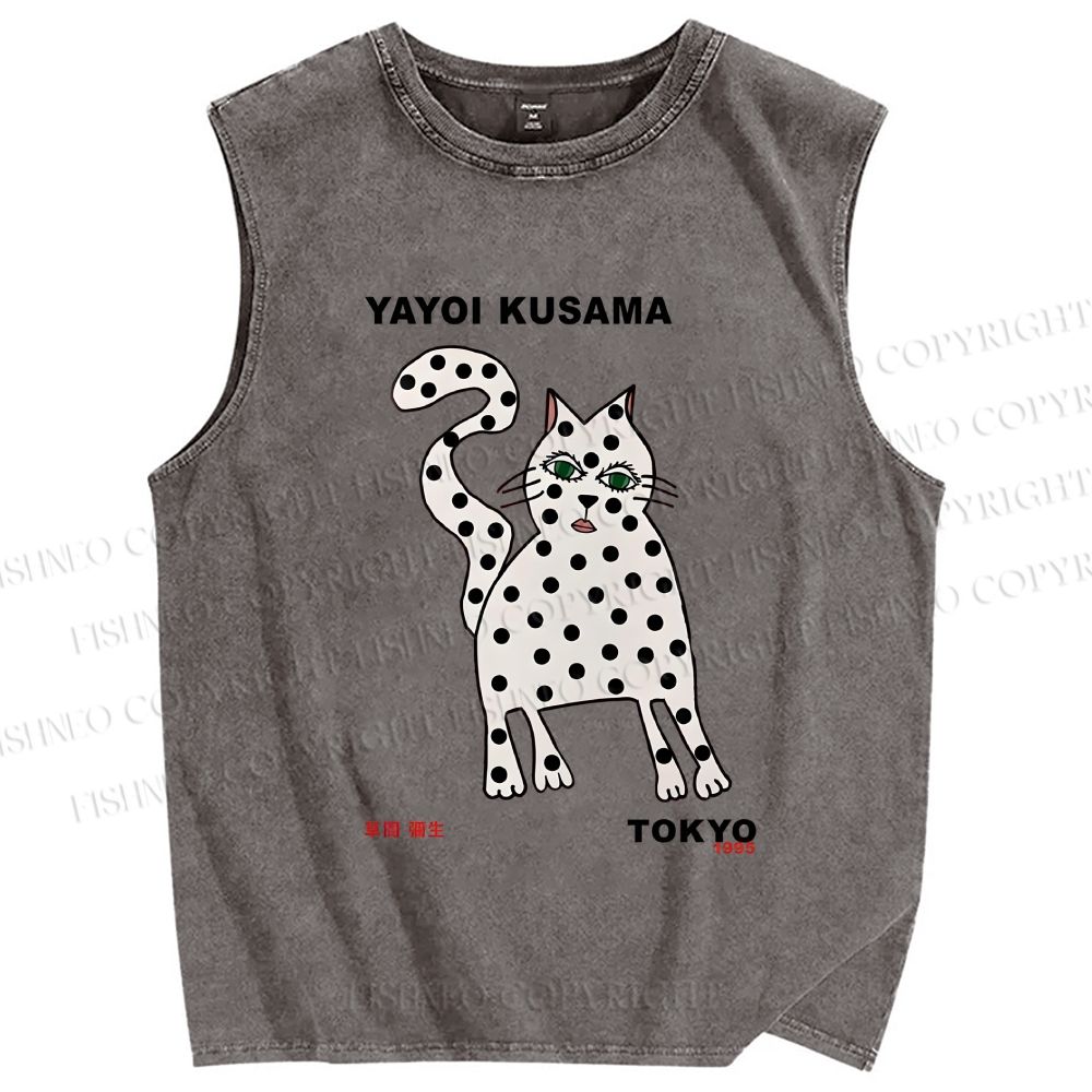 Unisex Yayoi Kusama Polka Dot Cat Printed Washed Tank Top