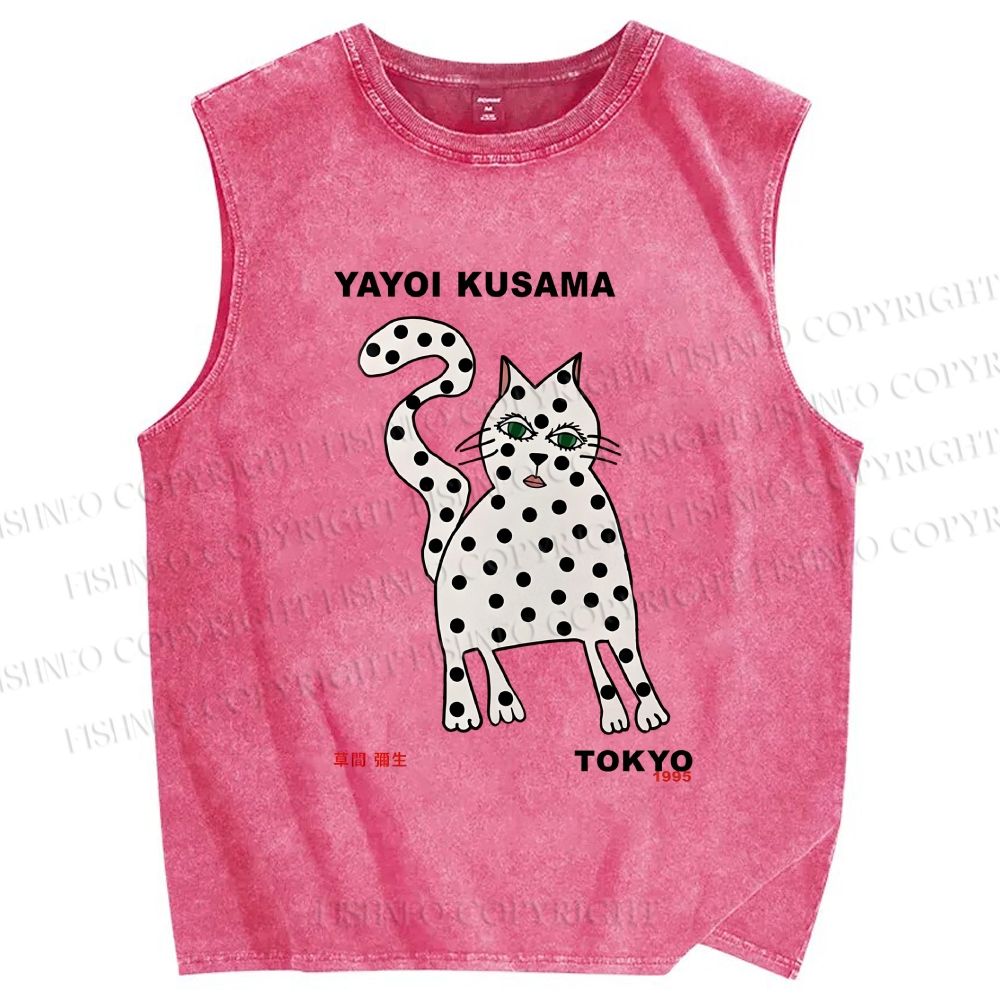 Unisex Yayoi Kusama Polka Dot Cat Printed Washed Tank Top