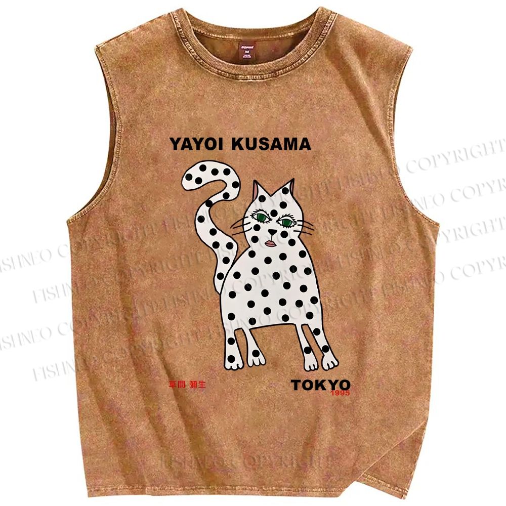 Unisex Yayoi Kusama Polka Dot Cat Printed Washed Tank Top