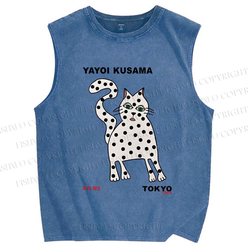 Unisex Yayoi Kusama Polka Dot Cat Printed Washed Tank Top