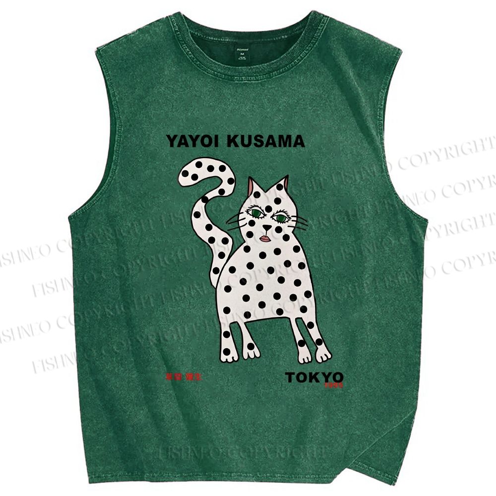 Unisex Yayoi Kusama Polka Dot Cat Printed Washed Tank Top