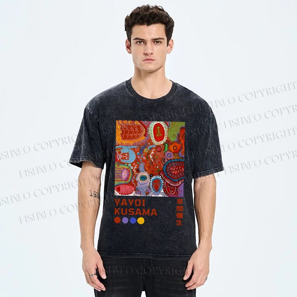 Unisex Yayoi Kusama Abstract Art Printed Washed Tee