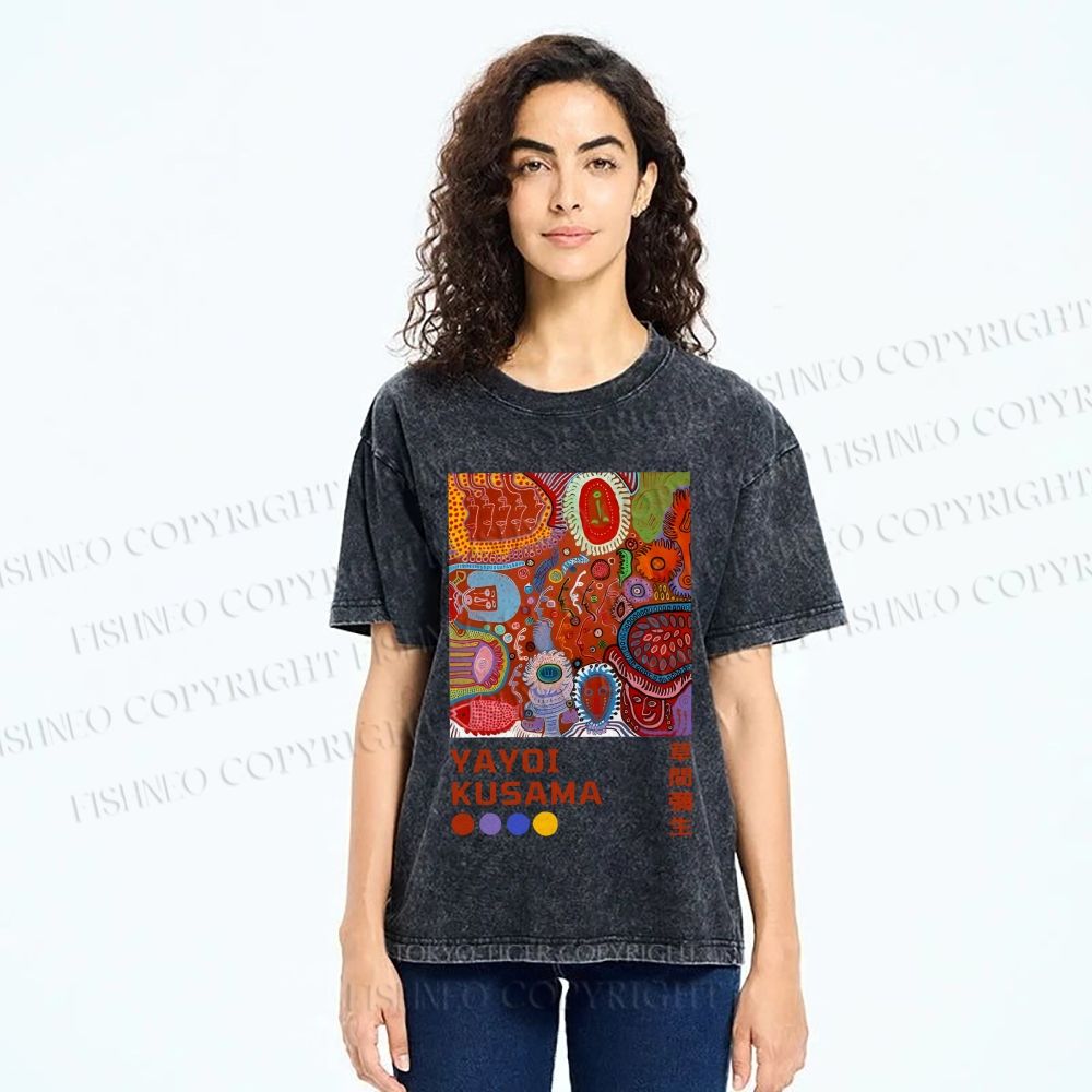 Unisex Yayoi Kusama Abstract Art Printed Washed Tee