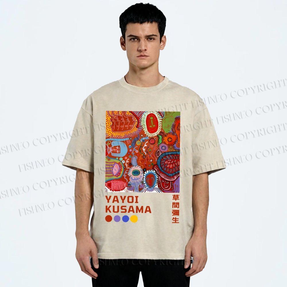 Unisex Yayoi Kusama Abstract Art Printed Washed Tee