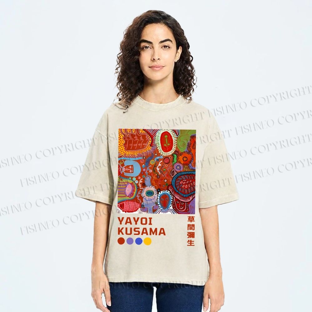 Unisex Yayoi Kusama Abstract Art Printed Washed Tee
