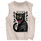 Unisex Angry Cat Printed Washed Tank Top