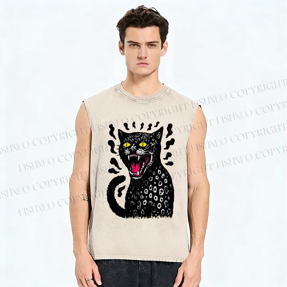 Unisex Angry Cat Printed Washed Tank Top