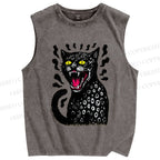 Unisex Angry Cat Printed Washed Tank Top
