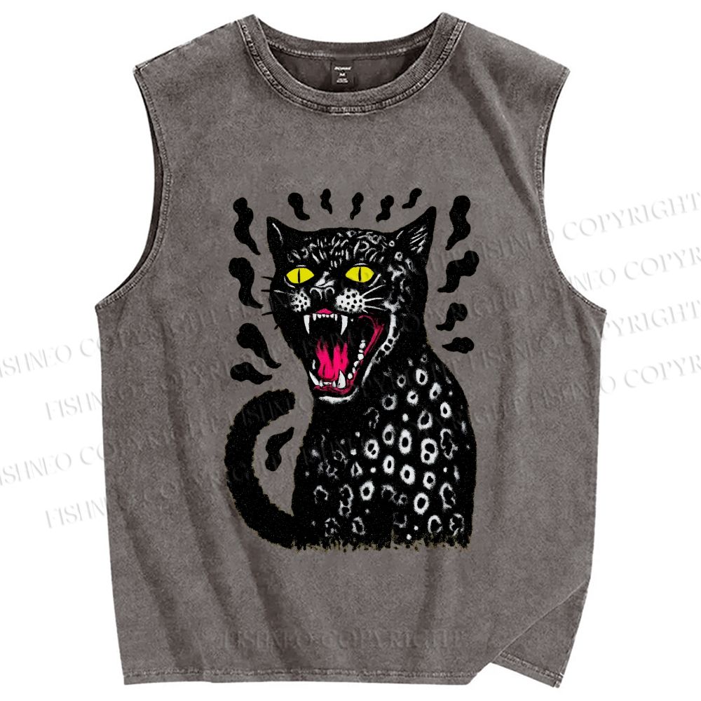 Unisex Angry Cat Printed Washed Tank Top