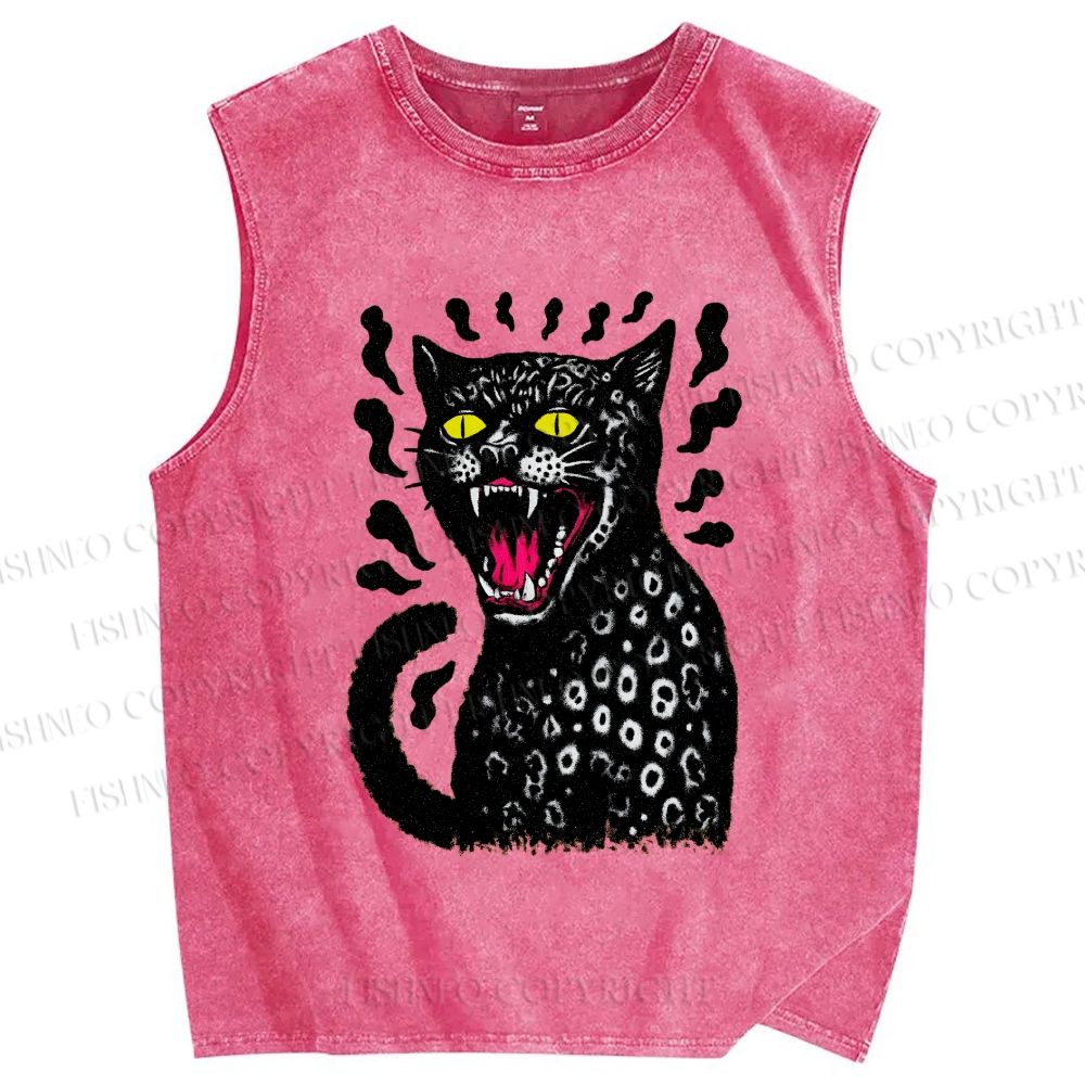Unisex Angry Cat Printed Washed Tank Top
