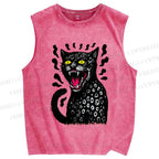 Unisex Angry Cat Printed Washed Tank Top