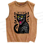 Unisex Angry Cat Printed Washed Tank Top