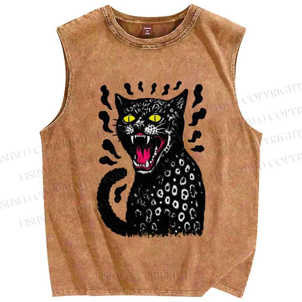 Unisex Angry Cat Printed Washed Tank Top